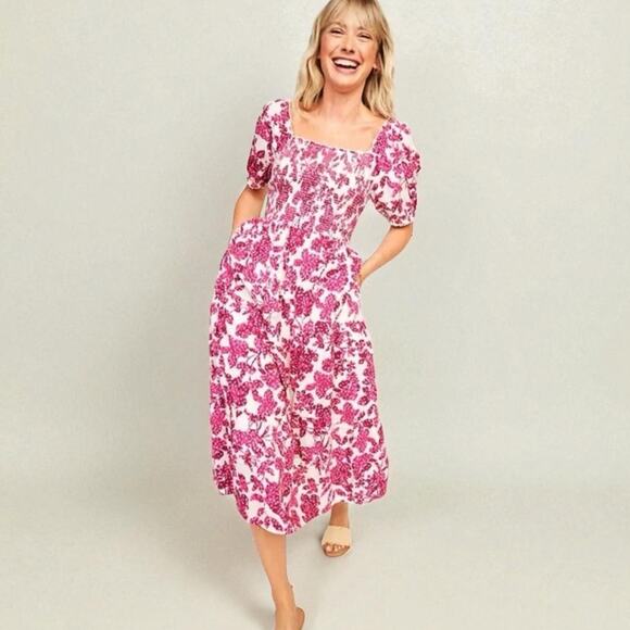 Fit & Flare Puff Sleeve Tiered Floral Midi Dress Sz M Pink Coquette Cottagecore - Picture 1 of 12